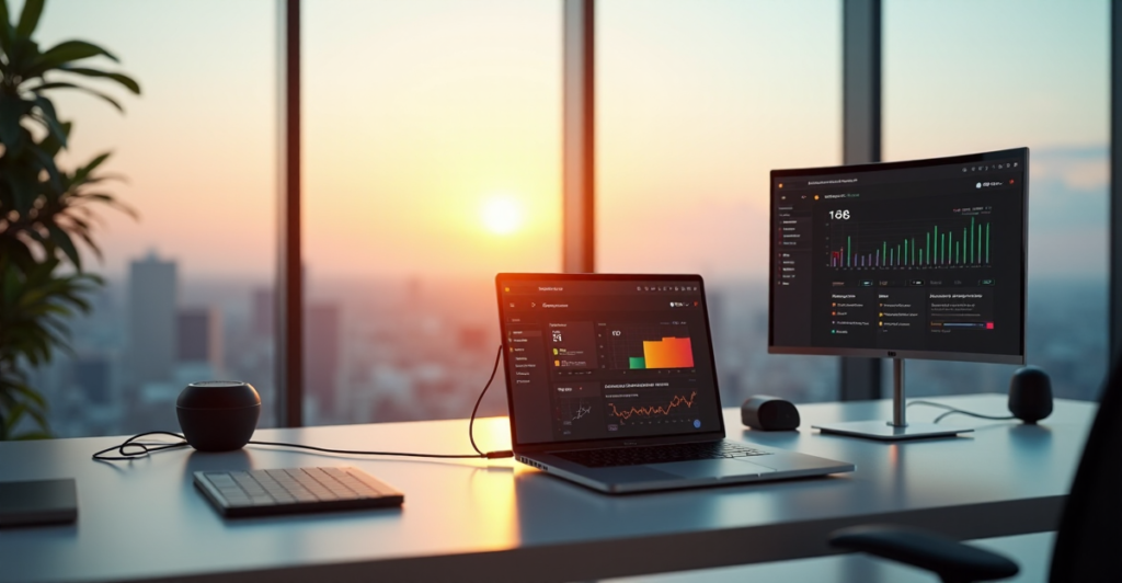 "A modern office space featuring a sleek desk with high-end laptop, cloud-based devices, wireless charging pads, smart speakers, and a 4K monitor displaying workflow management on a cityscape backdrop."