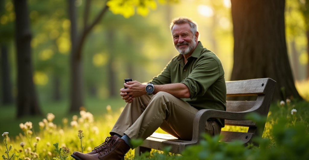 A middle-aged man sits on a wooden bench in a lush forest, surrounded by earthy tones and eco-friendly technology, including a solar-powered portable charger and an eco-friendly smartwatch with top 5G connectivity features.