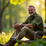 "Max Zypher's Top Picks for Sustainable Living 2025: Eco-Friendly Gadgets and Tech Solutions" A middle-aged man sits on a wooden bench in a lush forest, surrounded by earthy tones and eco-friendly technology, including a solar-powered portable charger and an eco-friendly smartwatch with top 5G connectivity features.