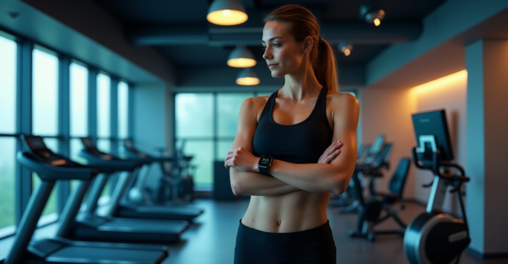 A young woman stands confidently in a modern fitness studio surrounded by cutting-edge health tech gadgets with top 5G connectivity features, wearing sleek black sports attire and gazing at her smartwatch.
