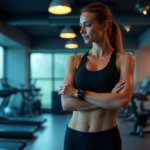 "Revolutionize Your Workouts with Cutting-Edge Health Fitness Tech Gadgets" A young woman stands confidently in a modern fitness studio surrounded by cutting-edge health tech gadgets with top 5G connectivity features, wearing sleek black sports attire and gazing at her smartwatch.