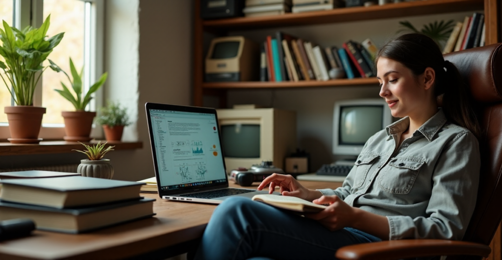 A young adult sits comfortably on a worn wooden desk chair, focused on a blockchain diagram on their laptop, surrounded by second-hand books and vintage computer components in a cluttered yet organized study space.