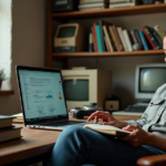 "Unlock Blockchain Basics: Mastering the Core Principles of Budget-Friendly Tech" A young adult sits comfortably on a worn wooden desk chair, focused on a blockchain diagram on their laptop, surrounded by second-hand books and vintage computer components in a cluttered yet organized study space.