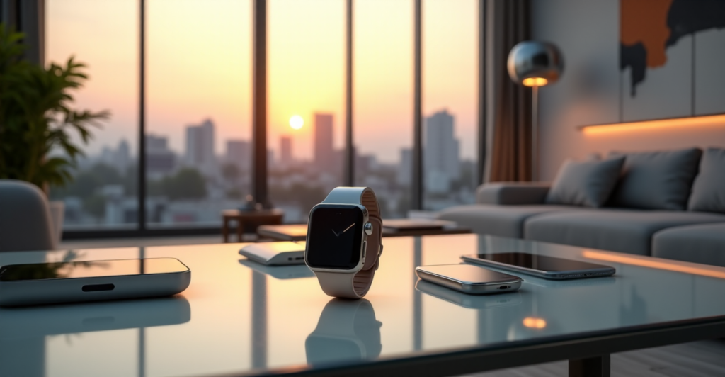 "Image of sleek smartwatch and top 5G connectivity gadgets in a modern living room setting with warm golden hour lighting."