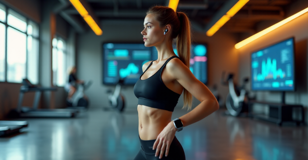 "A young woman stands confidently on a high-tech fitness floor surrounded by health tech gadgets, wearing a black sports bra and leggings with futuristic earbuds and a silver smartwatch."