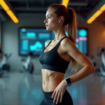 "A young woman stands confidently on a high-tech fitness floor surrounded by health tech gadgets, wearing a black sports bra and leggings with futuristic earbuds and a silver smartwatch."