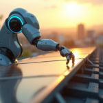 "An AI-powered robotic arm installs a solar panel on a rooftop amidst lush greenery and cityscape, showcasing cutting-edge sustainable energy solutions."