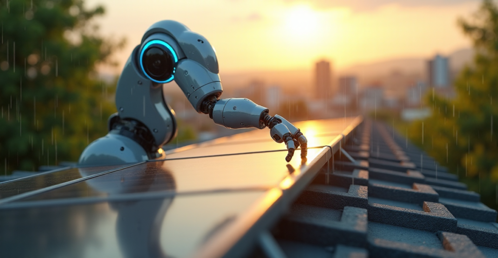 "An AI-powered robotic arm installs a solar panel on a rooftop amidst lush greenery and cityscape, showcasing cutting-edge sustainable energy solutions."