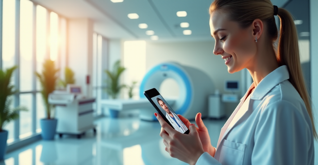 A serene hospital corridor scene featuring a nurse in a lab coat on a video call with a doctor, surrounded by high-tech medical equipment and natural light.