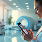 "5G Revolutionizes Healthcare: Unlocking Seamless Connectivity and Advanced Medical Innovations" A serene hospital corridor scene featuring a nurse in a lab coat on a video call with a doctor, surrounded by high-tech medical equipment and natural light.