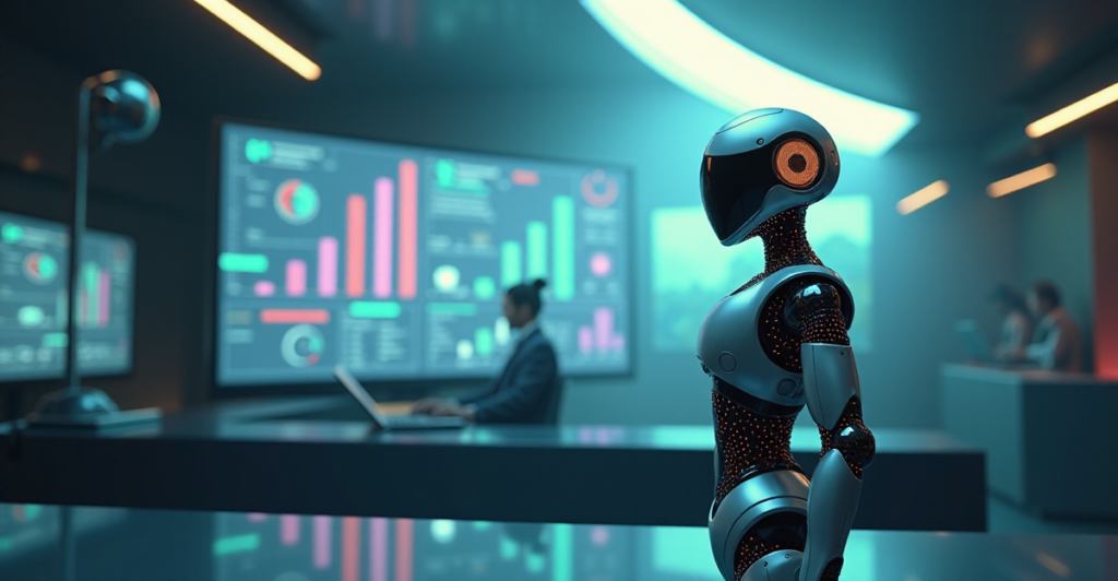 "A sleek, silver robot stands atop a minimalist desk in a futuristic laboratory environment, surrounded by data visualizations on a massive curved screen, showcasing cutting-edge AI-powered advertising efficiency."