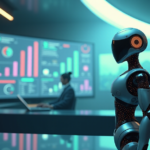 "A sleek, silver robot stands atop a minimalist desk in a futuristic laboratory environment, surrounded by data visualizations on a massive curved screen, showcasing cutting-edge AI-powered advertising efficiency."