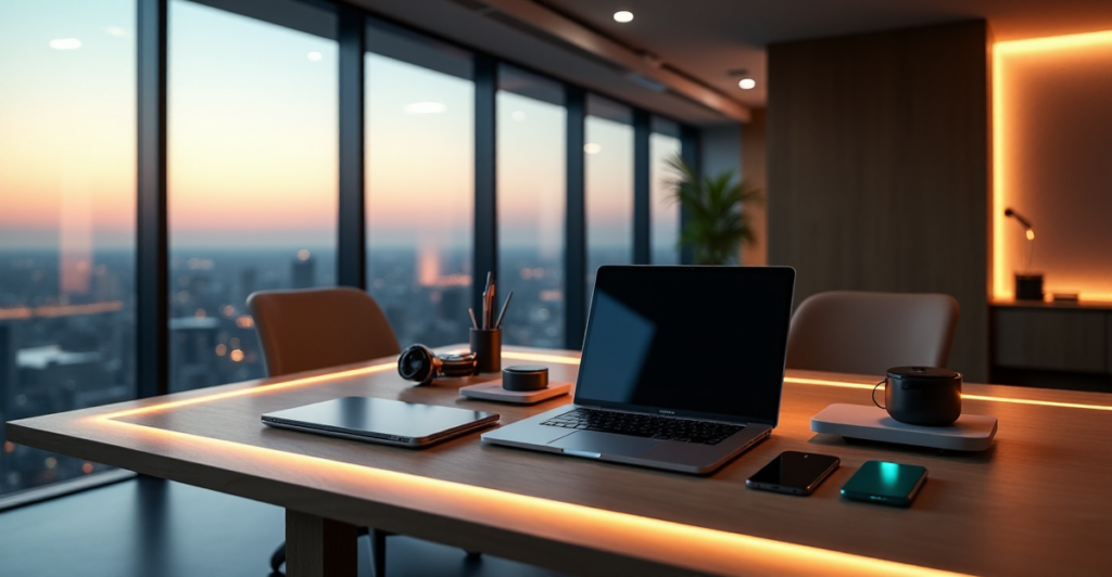 "A modern office space featuring a sleek desk with high-end laptop, tablet, and cutting-edge gadgets, surrounded by floor-to-ceiling windows offering a serene cityscape view."