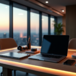 "A modern office space featuring a sleek desk with high-end laptop, tablet, and cutting-edge gadgets, surrounded by floor-to-ceiling windows offering a serene cityscape view."