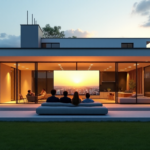 A modern smart home with a family gathered around a 4K TV displaying a futuristic cityscape on a 5G network, showcasing top 5G connectivity gadgets of 2025 in seamless integration with interior design and lush greenery surroundings.