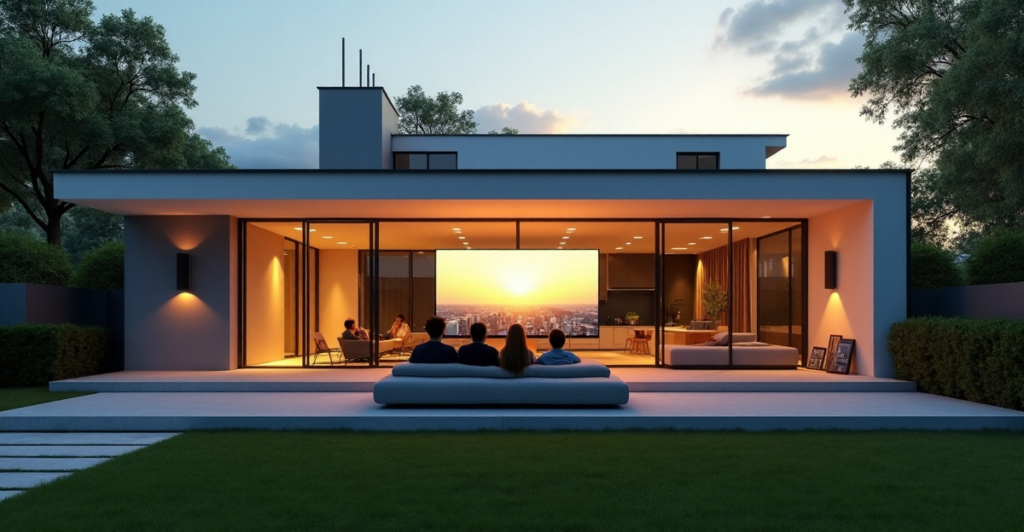 A modern smart home with a family gathered around a 4K TV displaying a futuristic cityscape on a 5G network, showcasing top 5G connectivity gadgets of 2025 in seamless integration with interior design and lush greenery surroundings.