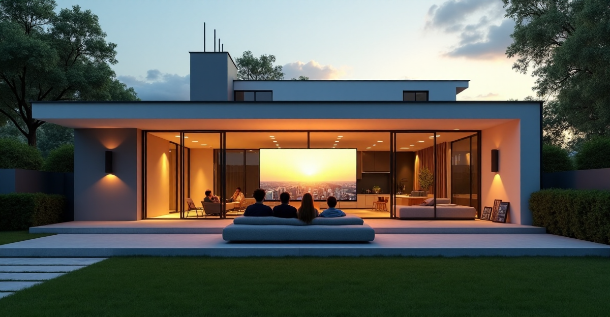 A modern smart home with a family gathered around a 4K TV displaying a futuristic cityscape on a 5G network, showcasing top 5G connectivity gadgets of 2025 in seamless integration with interior design and lush greenery surroundings.