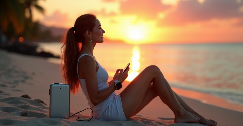 "A young woman relaxes on a beach at sunset, surrounded by palm trees, with cutting-edge mobile gadgets charging nearby."