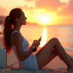 "A young woman relaxes on a beach at sunset, surrounded by palm trees, with cutting-edge mobile gadgets charging nearby."