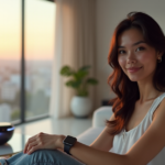 "Revolutionizing Daily Life with Wearable Tech: Top 5G Gadgets for a Smarter Future" A young woman wearing a sleek silver smartwatch sits on a minimalist couch in a modern living room surrounded by top 5G connectivity gadgets and natural light.