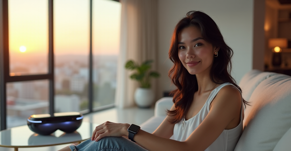 A young woman wearing a sleek silver smartwatch sits on a minimalist couch in a modern living room surrounded by top 5G connectivity gadgets and natural light.