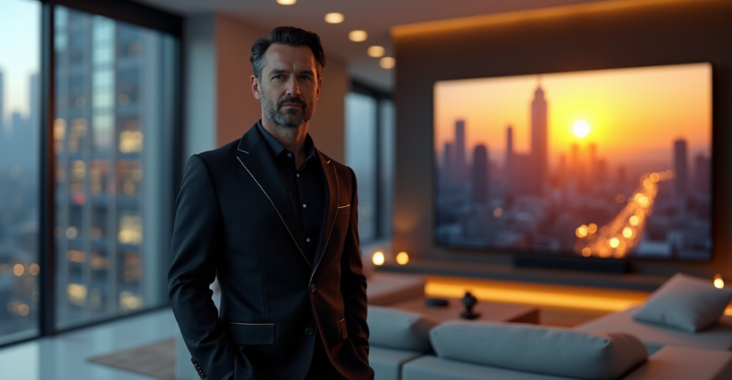 "Max Zypher stands confidently in a modern living room, surrounded by cutting-edge smart home devices and AI automation, gazing at a futuristic cityscape on a high-definition display."
