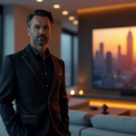 "Max Zypher stands confidently in a modern living room, surrounded by cutting-edge smart home devices and AI automation, gazing at a futuristic cityscape on a high-definition display."