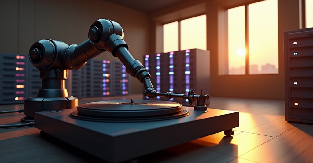 "An AI-powered music studio with a robotic arm delicately placing a vinyl record on a vintage turntable amidst cutting-edge technology in a dimly lit room."