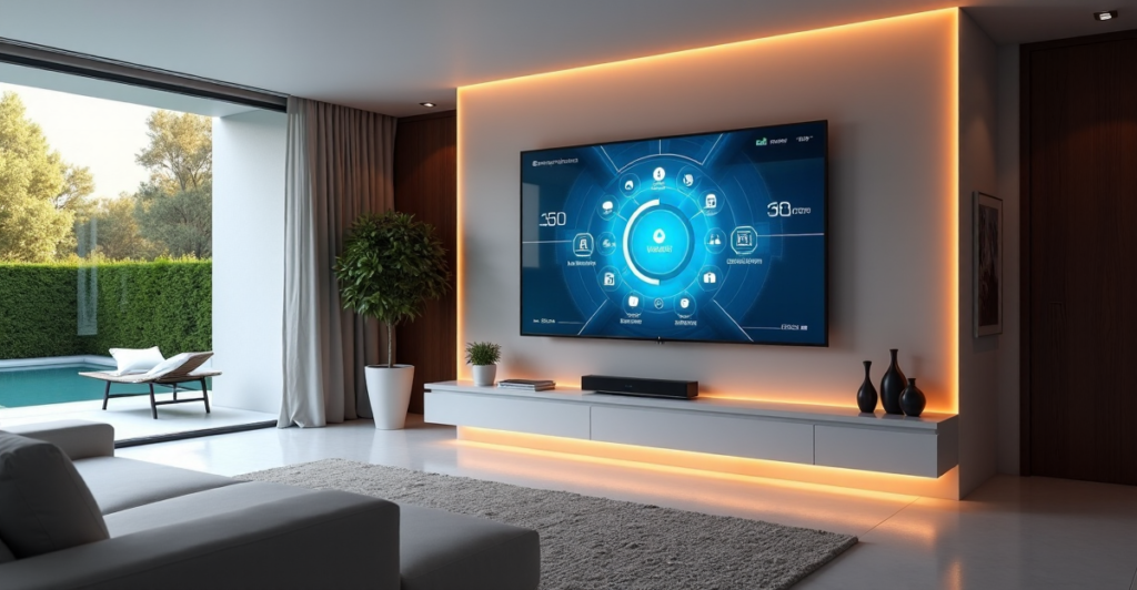 "A modern living room with a wall-mounted smart TV displaying AI-powered home automation controls and top 5G connectivity gadgets integrated into a minimalist interior design."