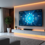 "Smart Home Revolution: Transforming Comfort and Convenience with AI Automation and 5G Tech" "A modern living room with a wall-mounted smart TV displaying AI-powered home automation controls and top 5G connectivity gadgets integrated into a minimalist interior design."