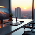 "A modern living room with a sleek home office setup featuring top 5G connectivity gadgets 2025, including a slim 4K monitor and smartwatch."