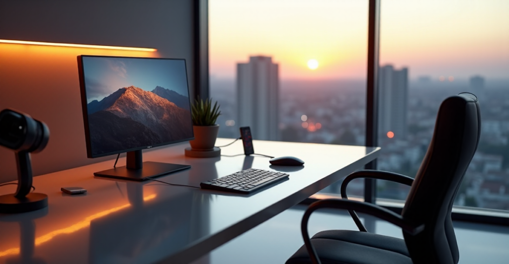 "A modern living room with a sleek home office setup featuring top 5G connectivity gadgets 2025, including a slim 4K monitor and smartwatch."