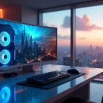"A sleek gaming setup featuring a futuristic PC, curved 4K monitor, and immersive audio peripherals in a dimly lit room with cityscape view, highlighting Top 5G Gadgets 2025 innovations."