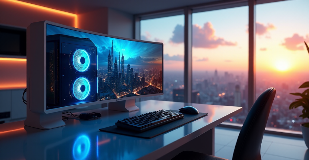 "A sleek gaming setup featuring a futuristic PC, curved 4K monitor, and immersive audio peripherals in a dimly lit room with cityscape view, highlighting Top 5G Gadgets 2025 innovations."