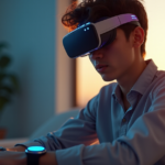 A young adult in a modern living room wearing a sleek smartwatch on their left wrist and futuristic AR glasses, surrounded by calming blues and whites, with a sense of futuristic optimism.