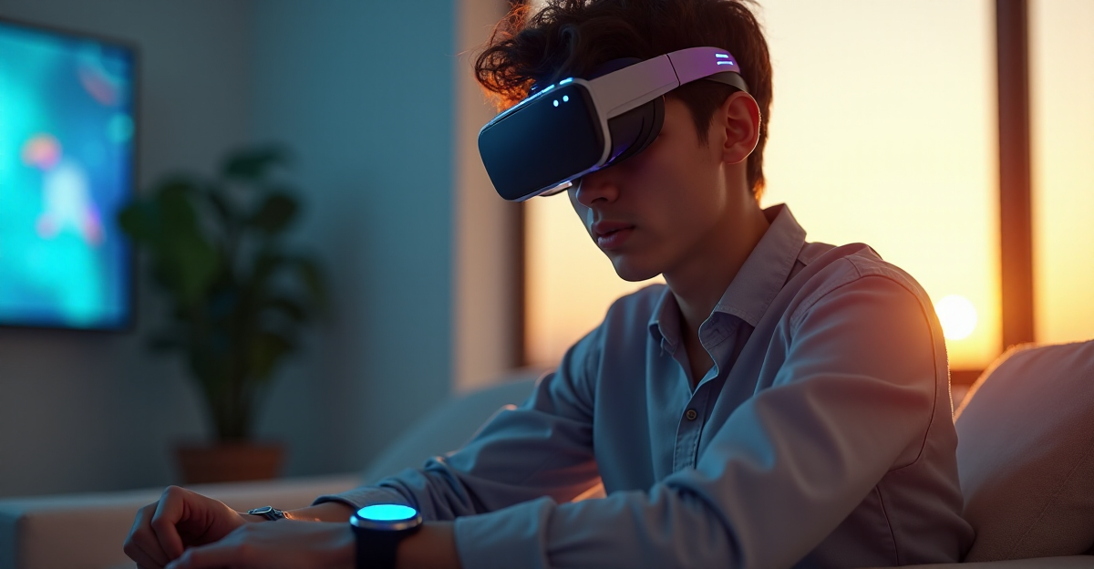 A young adult in a modern living room wearing a sleek smartwatch on their left wrist and futuristic AR glasses, surrounded by calming blues and whites, with a sense of futuristic optimism.