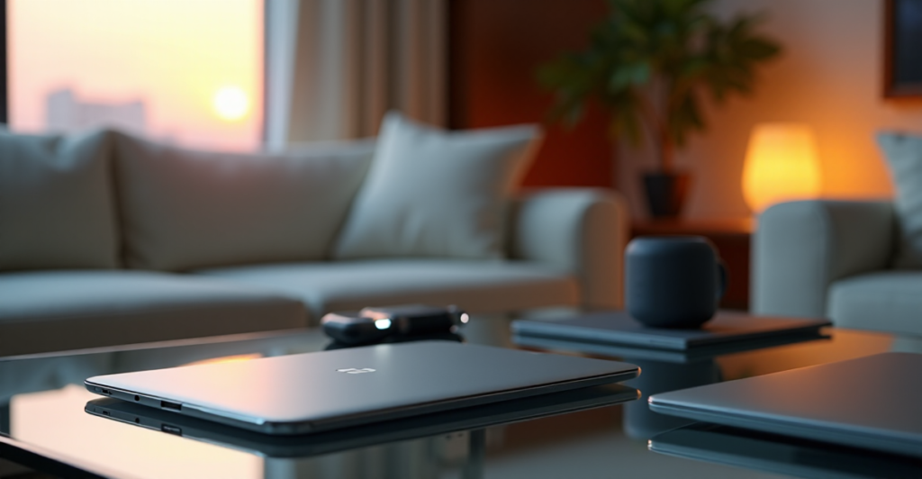 "A futuristic living room featuring a sleek silver smartphone as central focus amidst cutting-edge gadgets and innovative technology."