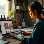"A young woman sits at a cluttered desk amidst art supplies, laptop displaying blockchain transaction confirmation and NFT marketplace interface with cutting-edge digital artwork."