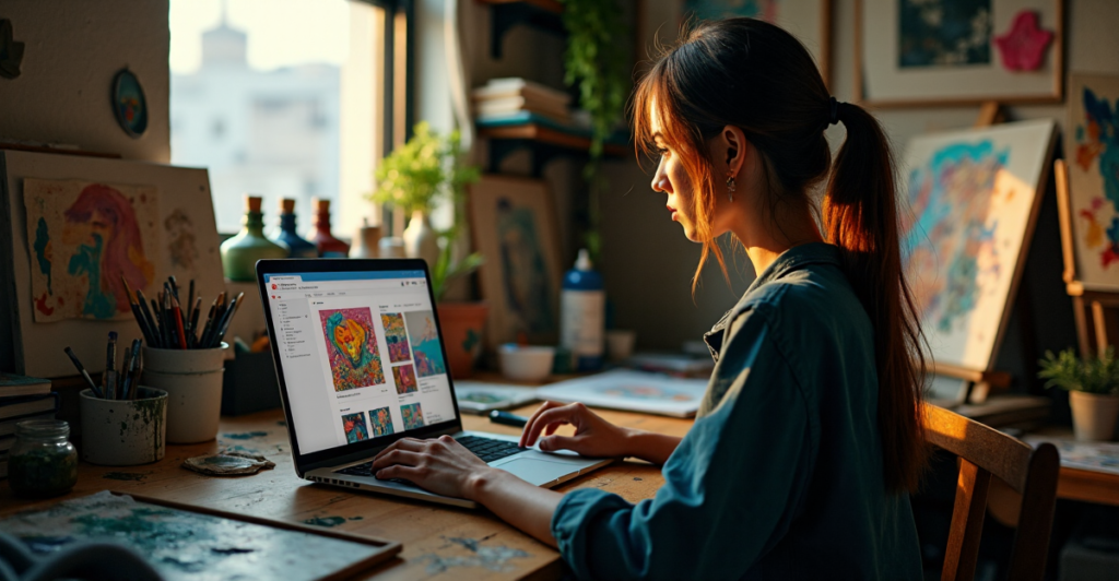 "A young woman sits at a cluttered desk amidst art supplies, laptop displaying blockchain transaction confirmation and NFT marketplace interface with cutting-edge digital artwork."