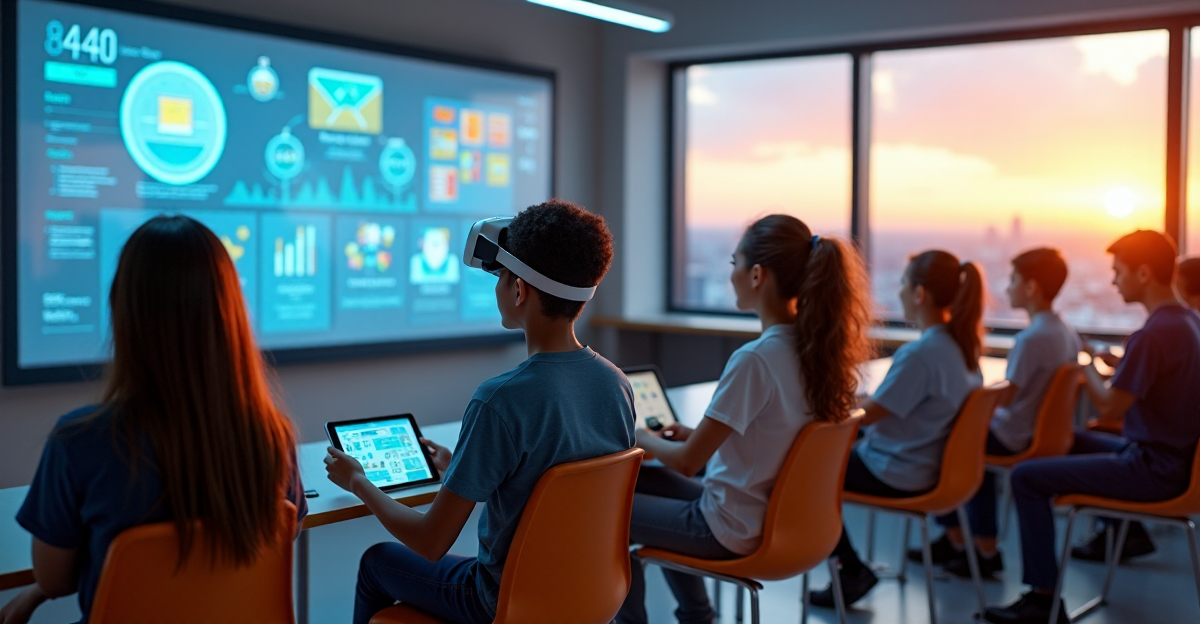 Diverse students engage with cutting-edge gadgets in a futuristic smart classroom, showcasing inclusivity and innovation amidst vibrant graphics and cityscape views.