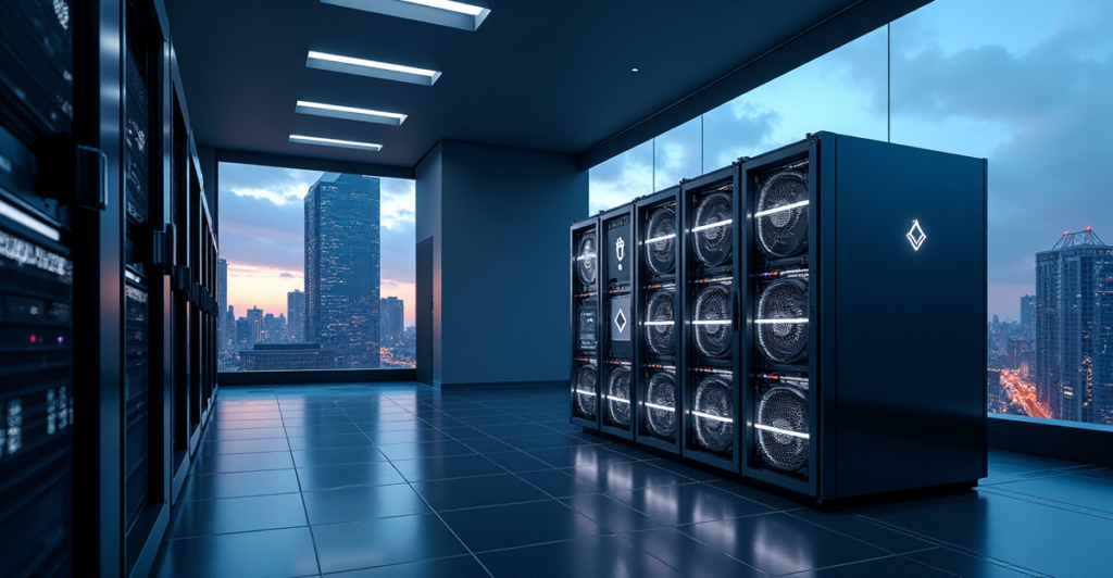 "A high-tech laboratory setting with a sleek cryptocurrency mining rig surrounded by servers and computer equipment, conveying cutting-edge tech and trust."