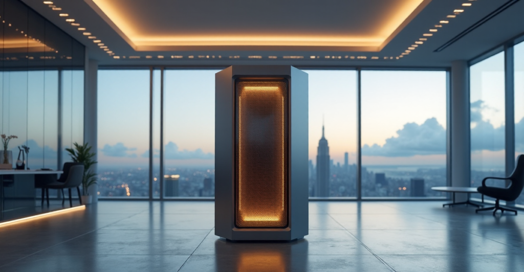 "A sleek finance office with a large silver AI server at its center, surrounded by minimalist decor and floor-to-ceiling glass windows showcasing a serene cityscape at dusk."