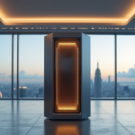 "A sleek finance office with a large silver AI server at its center, surrounded by minimalist decor and floor-to-ceiling glass windows showcasing a serene cityscape at dusk."