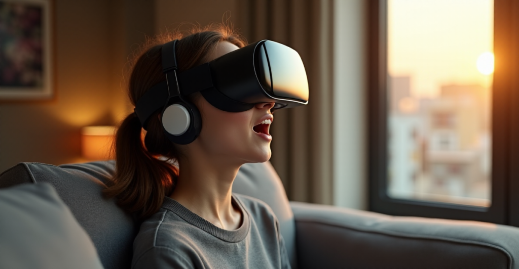 "A person wearing a Meta Quest Pro VR headset in a dimly lit room with soft golden light, immersed in an alternate reality."