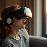 "A person wearing a Meta Quest Pro VR headset in a dimly lit room with soft golden light, immersed in an alternate reality."