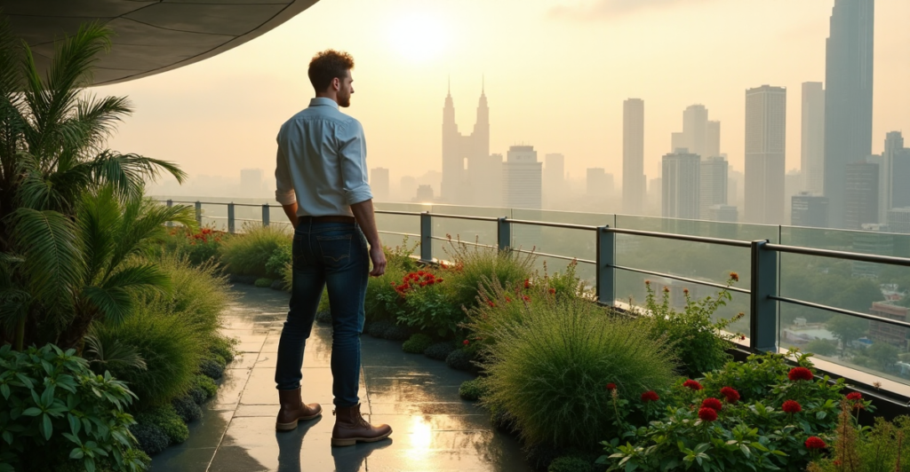 "A photorealistic image of Max Zypher standing confidently in front of a lush green roof garden, surrounded by sustainable cityscape features like solar panels and greenery, conveying hope for a better future."