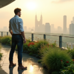 "Max Zypher's Top Green Tech Solutions for a Sustainable Future" "A photorealistic image of Max Zypher standing confidently in front of a lush green roof garden, surrounded by sustainable cityscape features like solar panels and greenery, conveying hope for a better future."