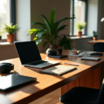 "Streamline Your Productivity with Top 10 Tech Gadgets for Efficient Living" "A modern living room featuring a large wooden desk with top tech gadgets, including high-end smartwatches, sleek headphones, and state-of-the-art laptops, showcasing top 5G connectivity features in harmony."