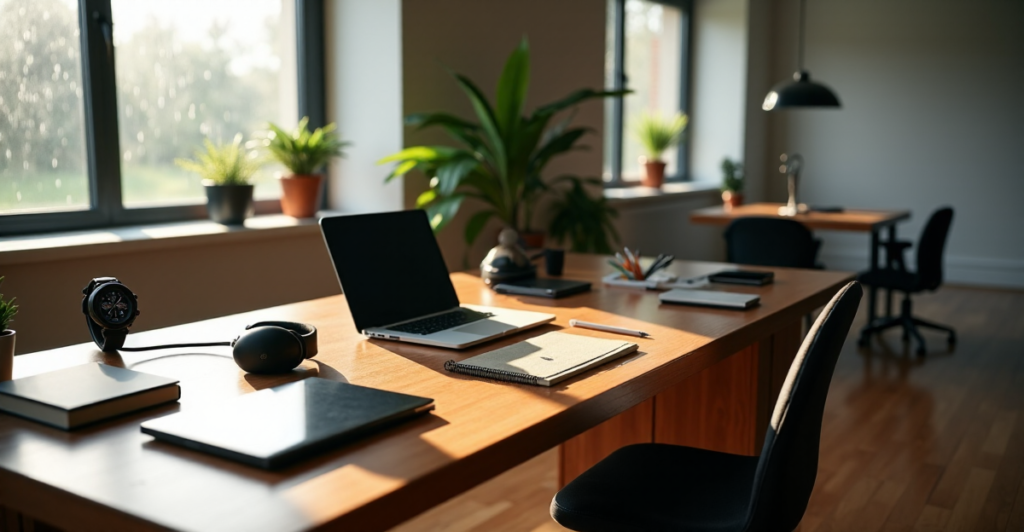 "A modern living room featuring a large wooden desk with top tech gadgets, including high-end smartwatches, sleek headphones, and state-of-the-art laptops, showcasing top 5G connectivity features in harmony."