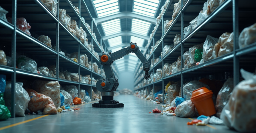 "A photorealistic image of an AI-powered waste management system in a modern recycling facility with a robotic arm sorting recyclables amidst metal shelves and LED-lit equipment."